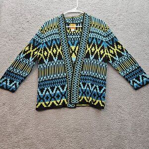 Ruby Rd. Petite Womens PXL Open Cardigan Sweater With Bold Geometric green blue